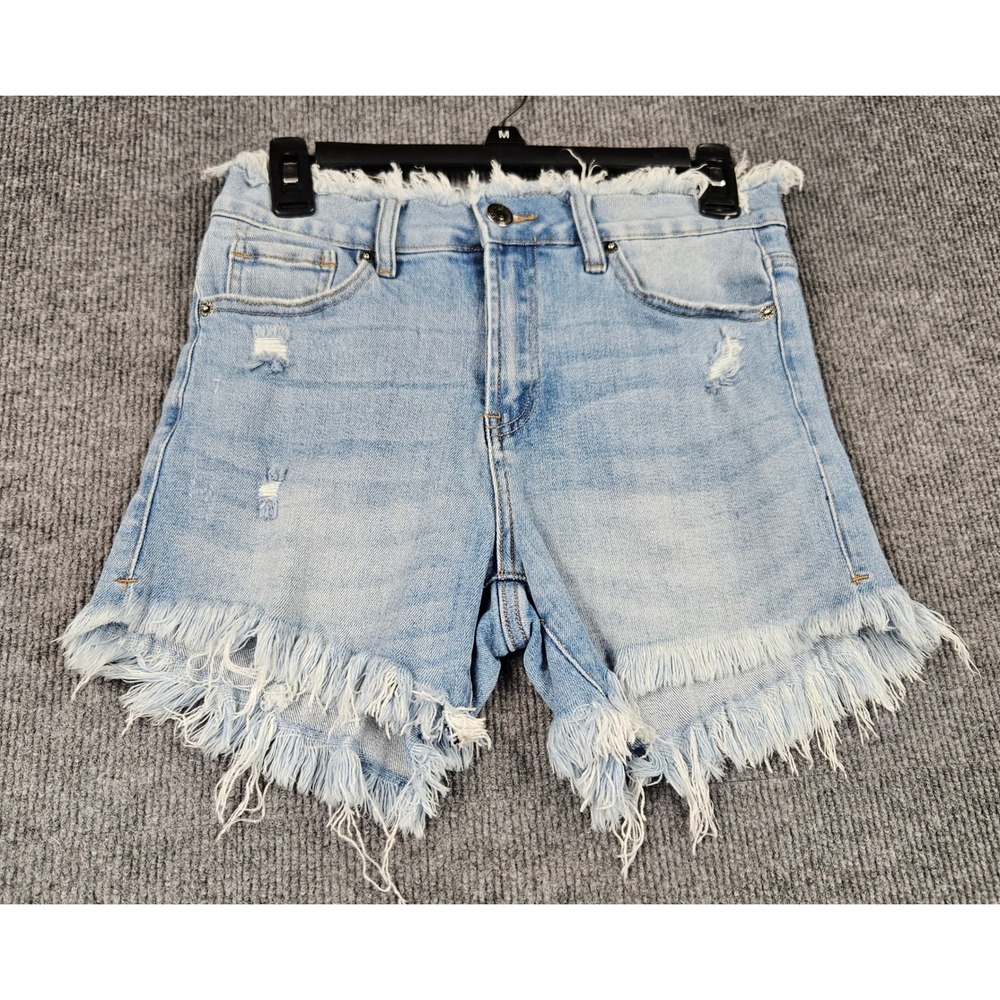 Risen Los Angeles Distressed Frayed Denim Shorts Light Wash Blue RDS1228 Small